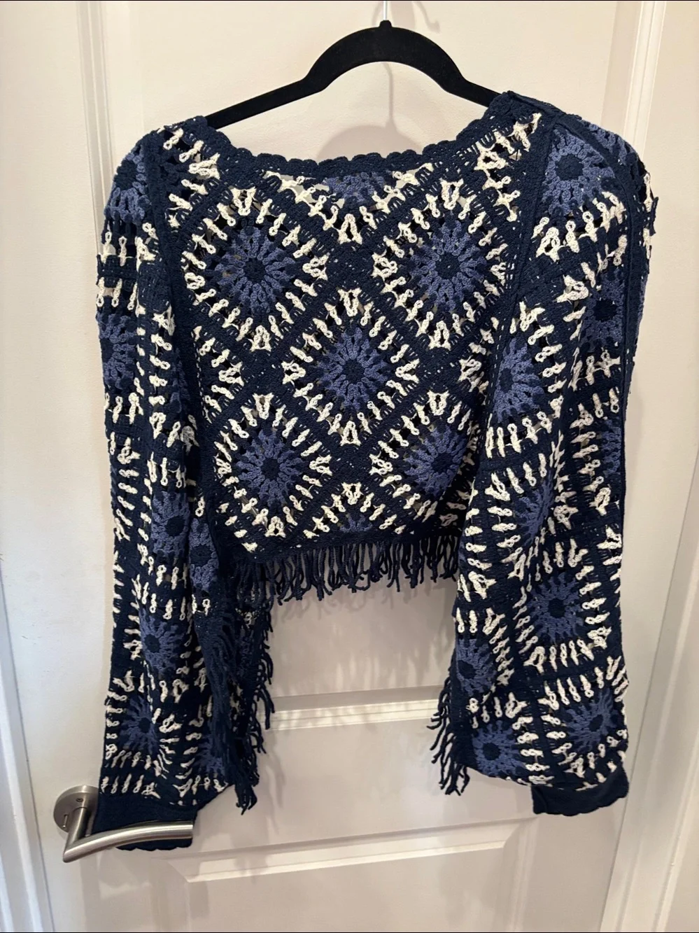 NWT House of Harlow 1960 Blue Geometric design Crochet fringe poncho
